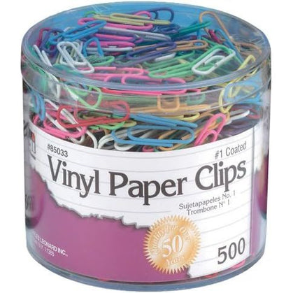 Charles Leonard Vinyl Coated Paper Clips, Size #1, Assorted Colors, 500/Box