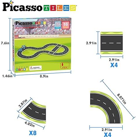 PicassoTiles Magnet Tile Car Track Adventure Theme Printed Street Road Runway Speedway Highway Magnetic Building Tiles Block Construction