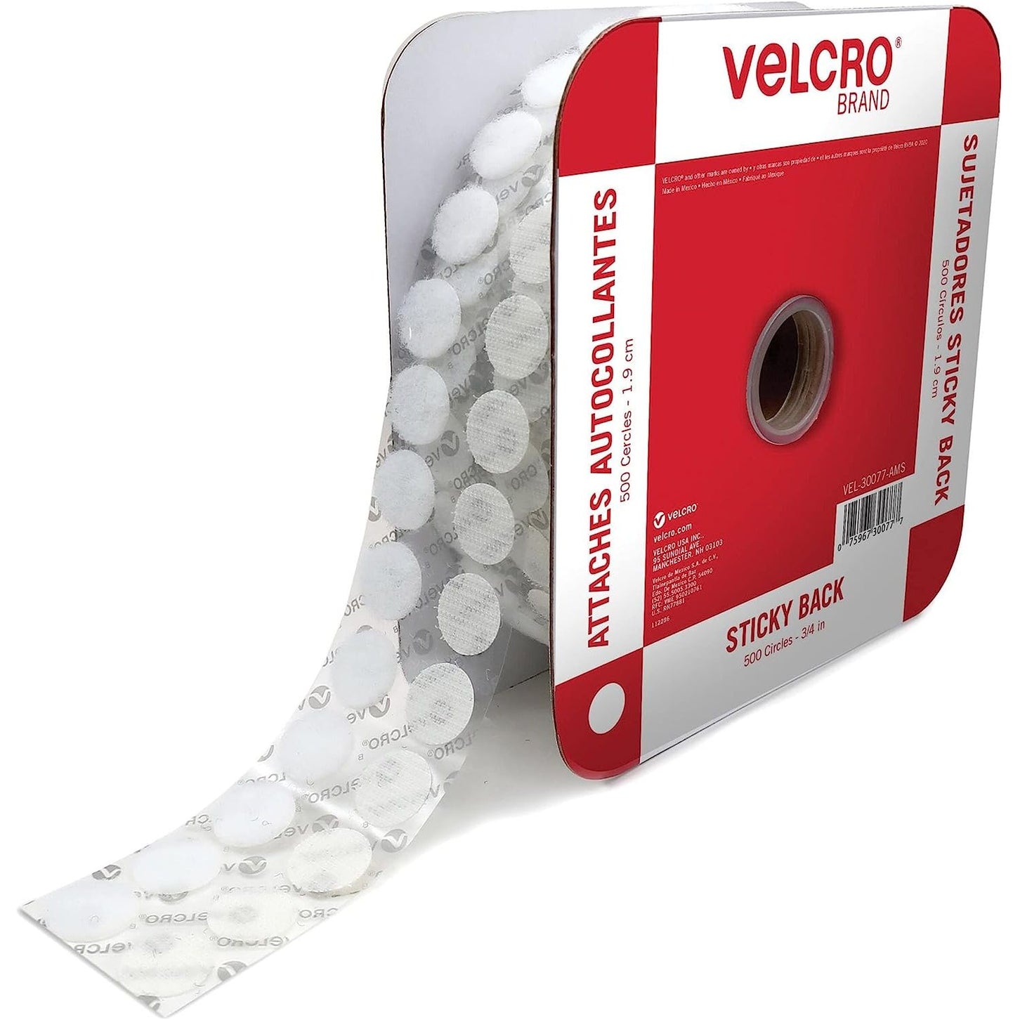 VELCRO Brand Adhesive Dots White 500 Pk 3/4" Circles Sticky Back Round Hook and Loop