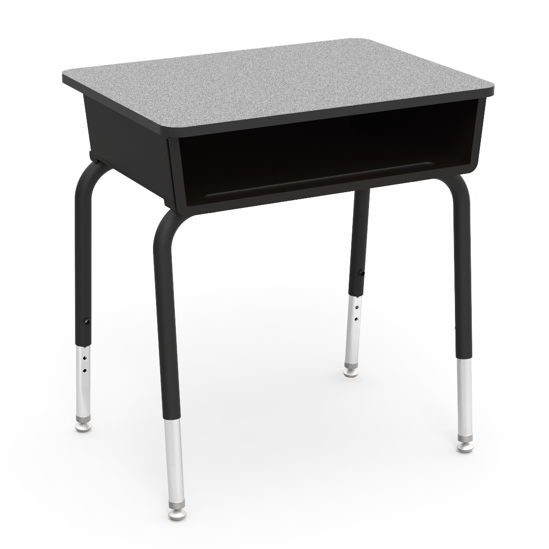 785 Series Desk with Plastic Book Box - Grey Nebula Laminate - Char Black Frame - Black Book Box