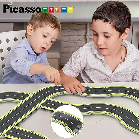 PicassoTiles Magnet Tile Car Track Adventure Theme Printed Street Road Runway Speedway Highway Magnetic Building Tiles Block Construction