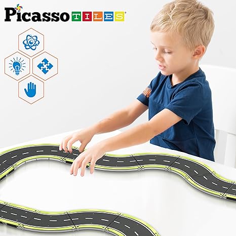 PicassoTiles Magnet Tile Car Track Adventure Theme Printed Street Road Runway Speedway Highway Magnetic Building Tiles Block Construction