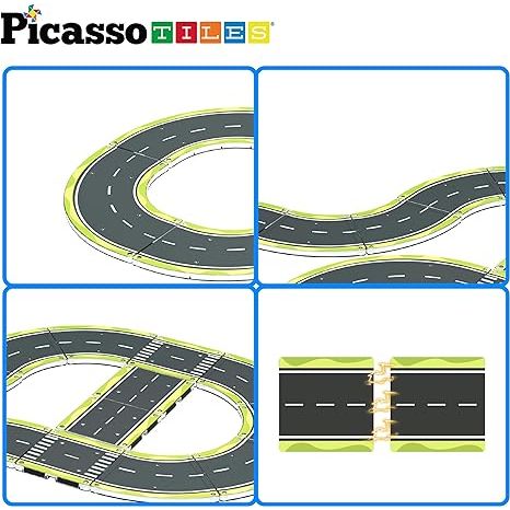 PicassoTiles Magnet Tile Car Track Adventure Theme Printed Street Road Runway Speedway Highway Magnetic Building Tiles Block Construction