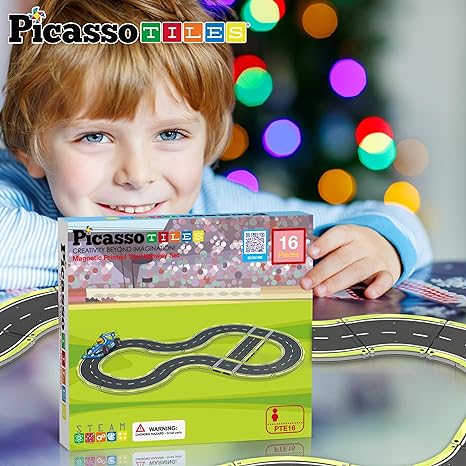 PicassoTiles Magnet Tile Car Track Adventure Theme Printed Street Road Runway Speedway Highway Magnetic Building Tiles Block Construction