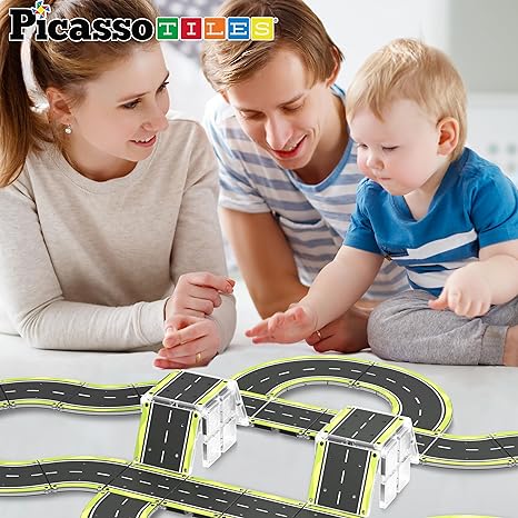 PicassoTiles Magnet Tile Car Track Adventure Theme Printed Street Road Runway Speedway Highway Magnetic Building Tiles Block Construction