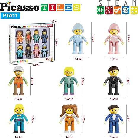 Picasso Toys Magnetic Action Figures 8 Piece Family Character for Construction Building Block Tiles