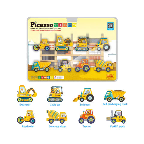 PicassoTiles 8pc Magnet Building Tile Blocks Addon 8 Magnetized Action Figures Construction Vehicle Zoo Animal Theme - PTA21
