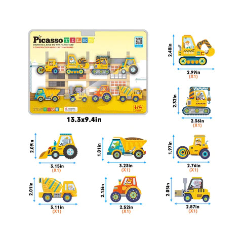 PicassoTiles 8pc Magnet Building Tile Blocks Addon 8 Magnetized Action Figures Construction Vehicle Zoo Animal Theme - PTA21