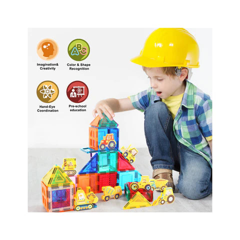 PicassoTiles 8pc Magnet Building Tile Blocks Addon 8 Magnetized Action Figures Construction Vehicle Zoo Animal Theme - PTA21