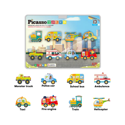 PicassoTiles 8pc Magnet Building Blocks Metro City 8 Vehicle Magnetized Action Figures - PTA24