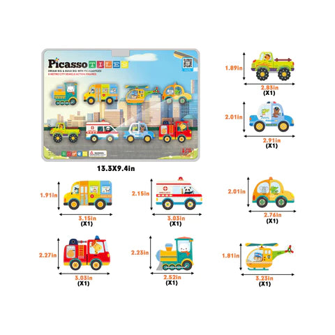 PicassoTiles 8pc Magnet Building Blocks Metro City 8 Vehicle Magnetized Action Figures - PTA24