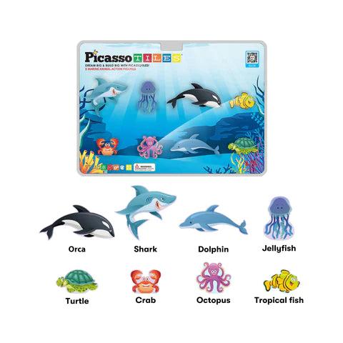 PicassoTiles 8pc Magnet Tile Building Blocks 8 Marine Animal Action Figures - PTA25