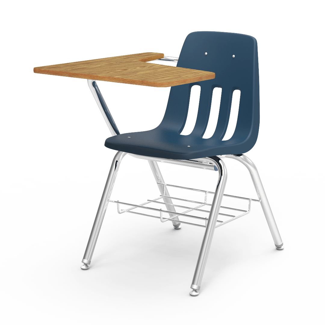 9000 Series Chair Desk - Tablet Arm - RH - 18" - Navy - Med Oak Laminate - Chrome
