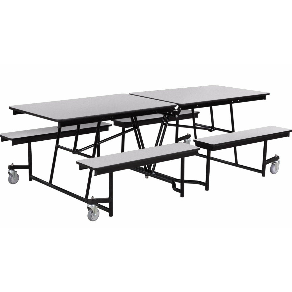 8' Rectangle Mobile Table with Bench - Plywood Core - Black ProtectEdge - Black Powder Coat Frame - Grey Glace Top - Grey Glace Bench