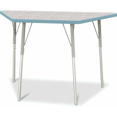 Berries® Trapezoid Adjustible-Height Activity Table, 24" x 48", Driftwood Surface, Coastal Blue TRUEdge® Trim, Gray Leg