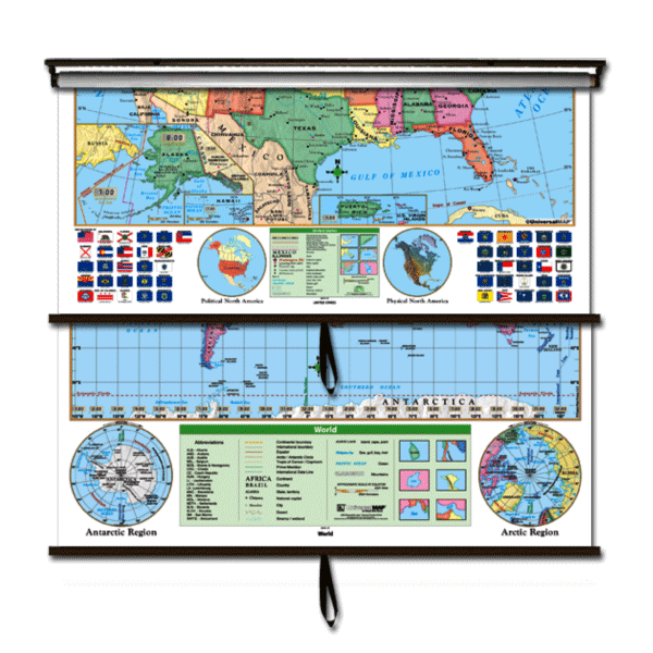US/World Essential Combo Classroom Wall Map on Roller - 28474